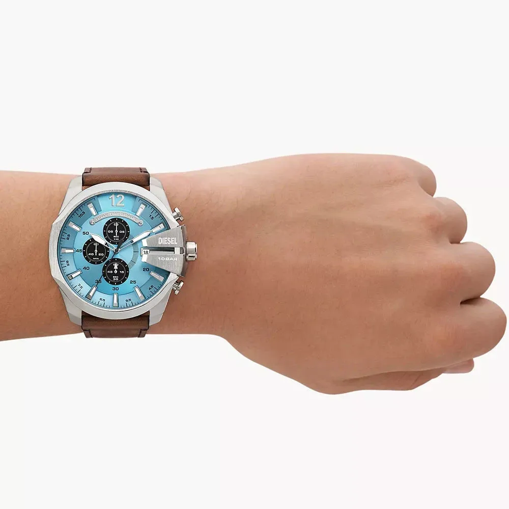 Diesel Mega Chief Chronograph Gents Blue Dial Brown Leather Strap Watch