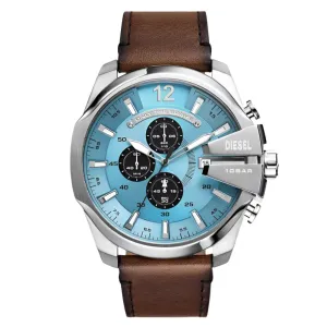 Diesel Mega Chief Chronograph Gents Blue Dial Brown Leather Strap Watch
