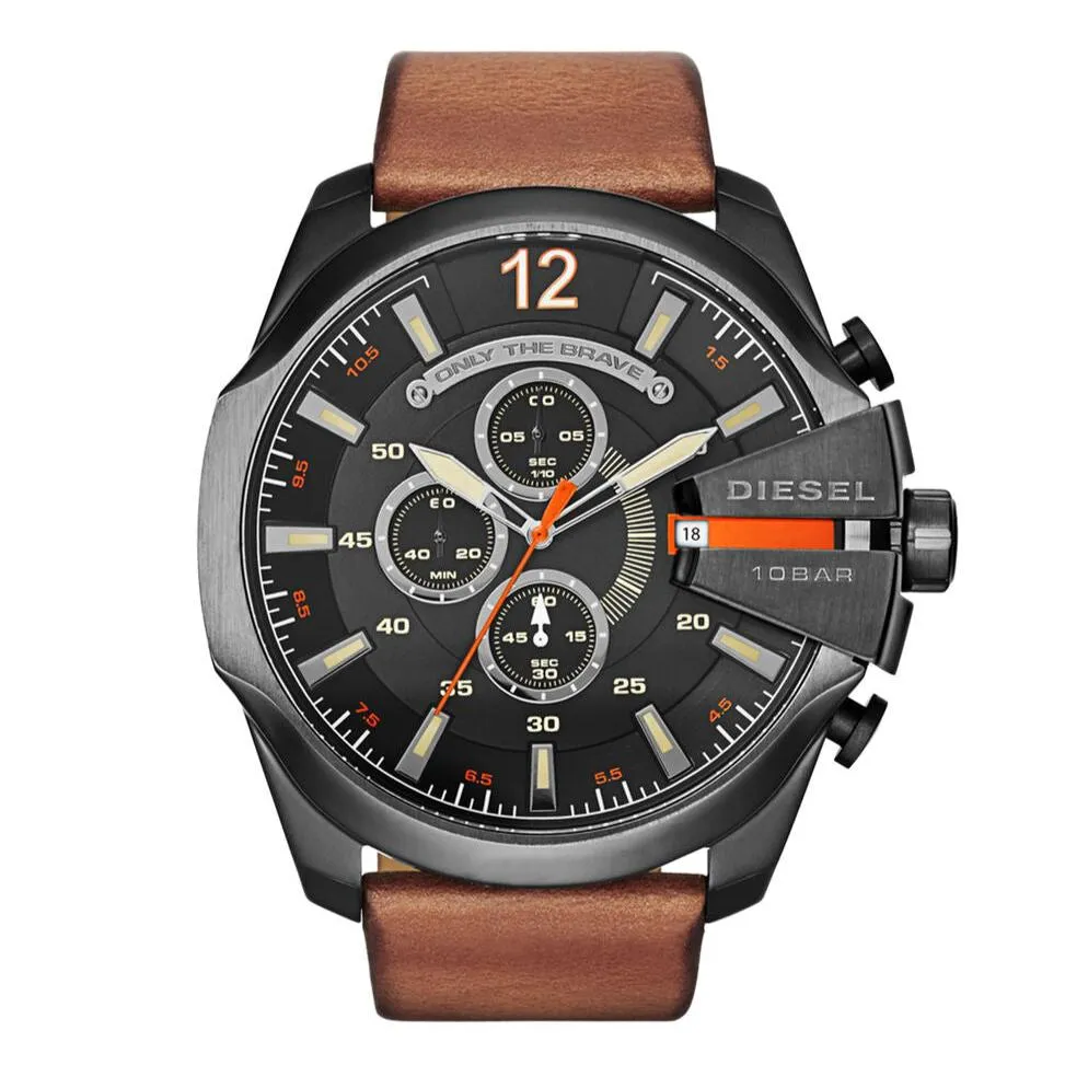 Diesel Mega Chief Gents Black Dial Brown Leather Strap Watch
