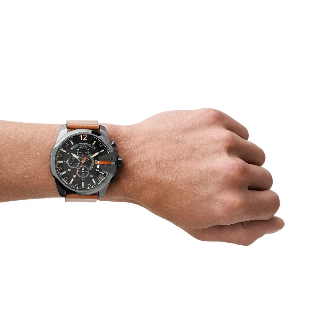 Diesel Mega Chief Gents Black Dial Brown Leather Strap Watch