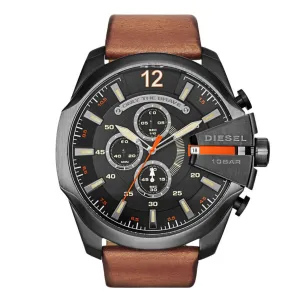 Diesel Mega Chief Gents Black Dial Brown Leather Strap Watch