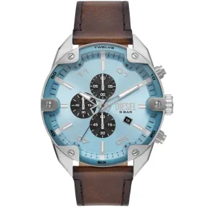 Diesel Spiked  Chronograph Gents Blue Sunray Dial Silver Stailess Steel Case Brown Leather Strap