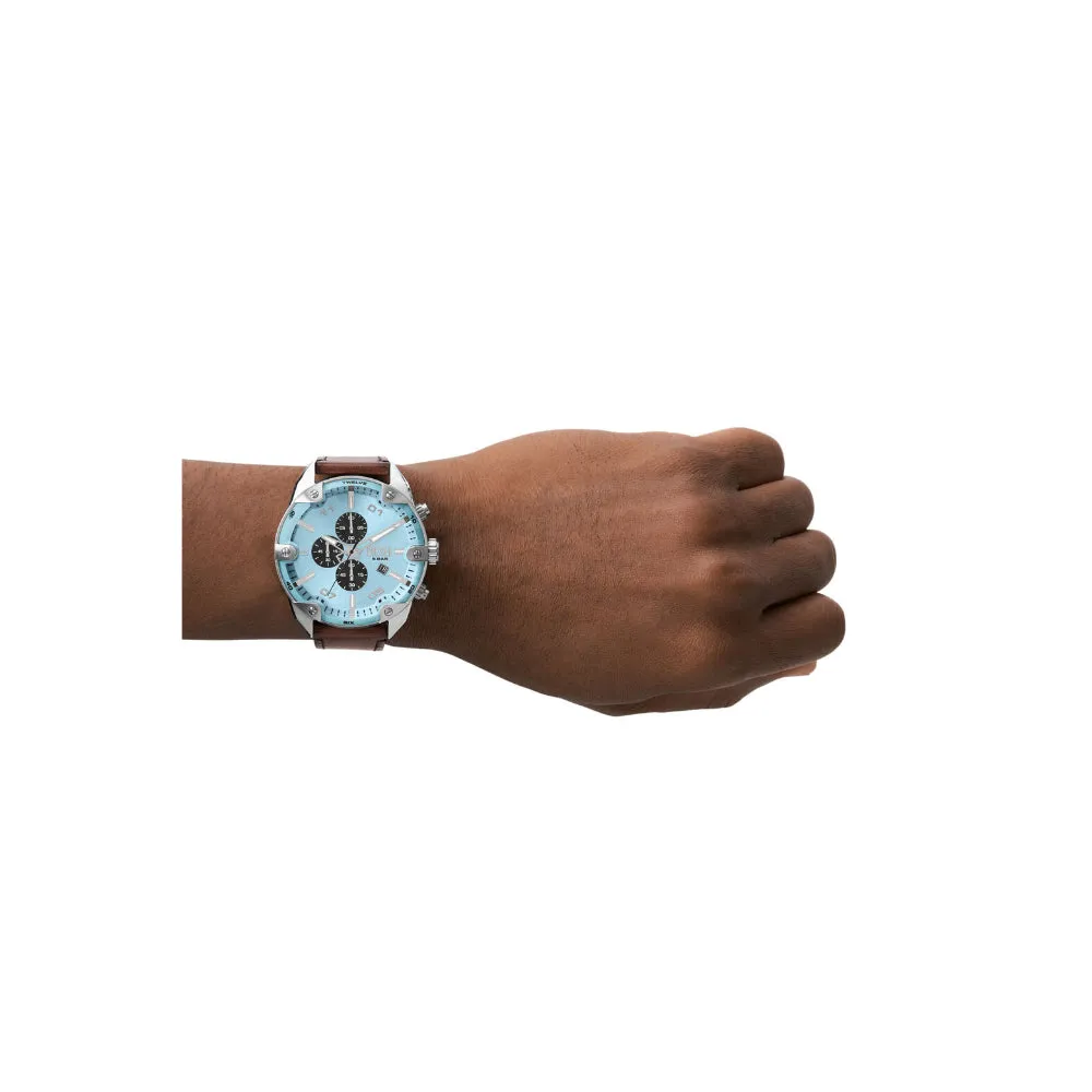 Diesel Spiked  Chronograph Gents Blue Sunray Dial Silver Stailess Steel Case Brown Leather Strap
