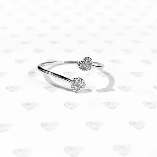 Double Heart Dainty Crystal Adjustable Silver Ring