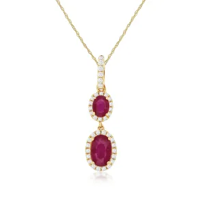 Double Oval Ruby Diamond Halo Dangle Pendant Necklace in 14k Yellow Gold