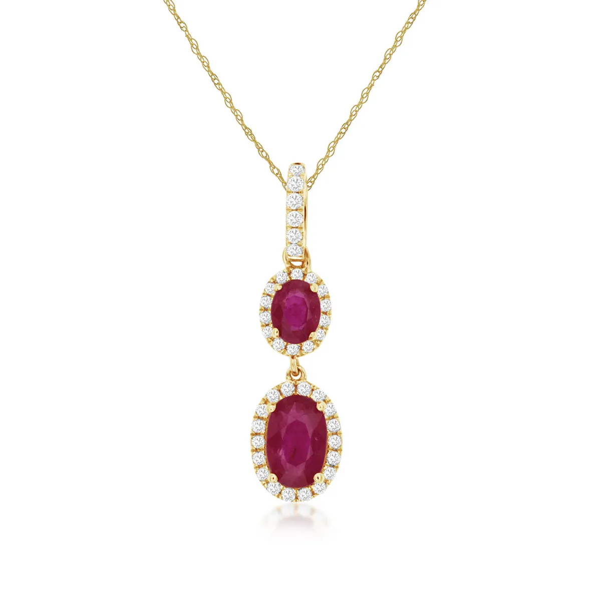 Double Oval Ruby Diamond Halo Dangle Pendant Necklace in 14k Yellow Gold