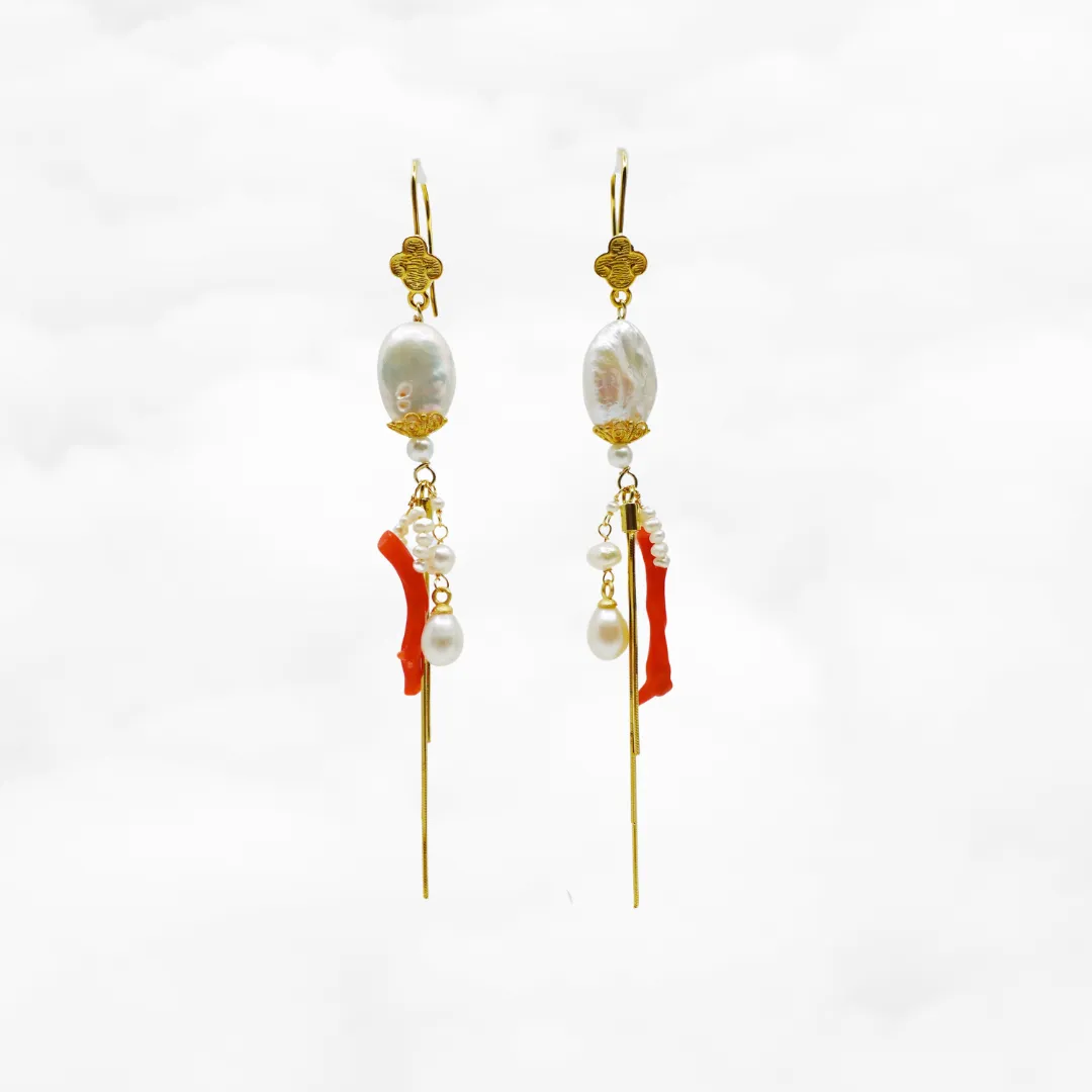 Dragon Princess Red Coral and Pearl Statement Earrings