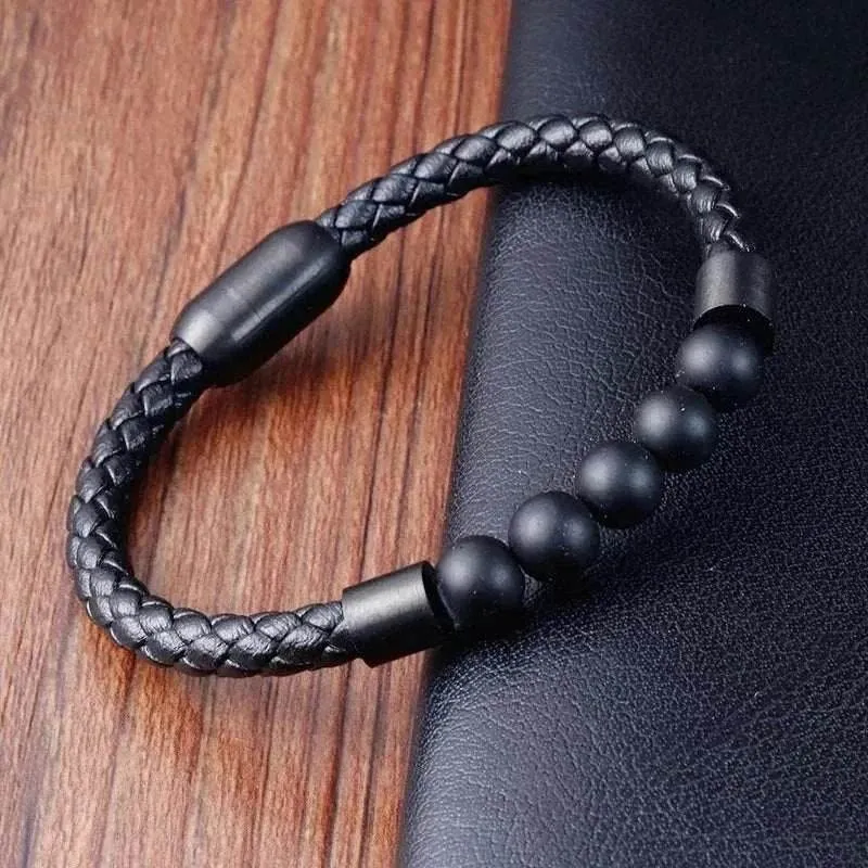 Elegant Men Elegant Men's volcanic rock Luxury Stainless Steel Hand-Woven Leathr Rope Tiger eye stone Bracelet