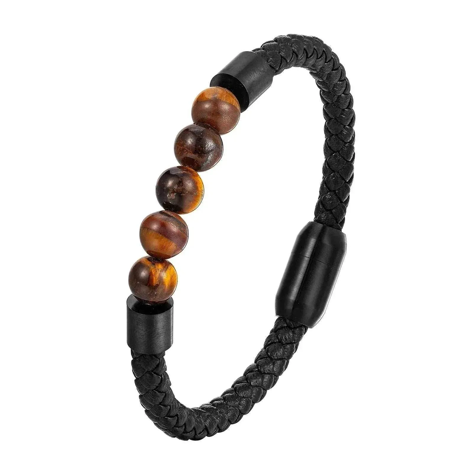 Elegant Men Elegant Men's volcanic rock Luxury Stainless Steel Hand-Woven Leathr Rope Tiger eye stone Bracelet