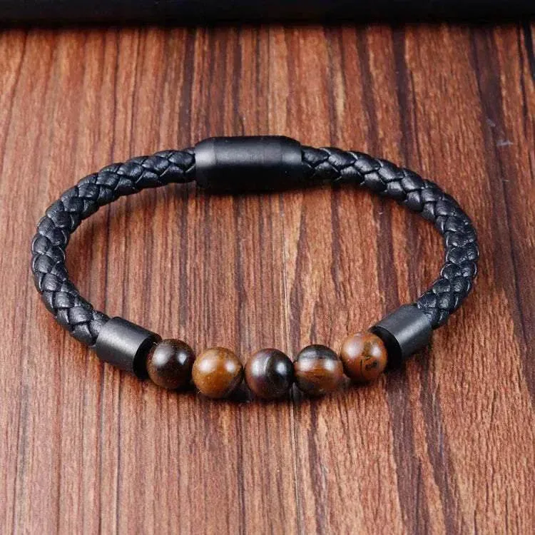 Elegant Men Elegant Men's volcanic rock Luxury Stainless Steel Hand-Woven Leathr Rope Tiger eye stone Bracelet