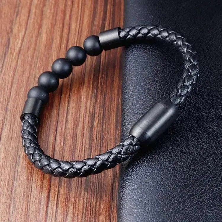 Elegant Men Elegant Men's volcanic rock Luxury Stainless Steel Hand-Woven Leathr Rope Tiger eye stone Bracelet