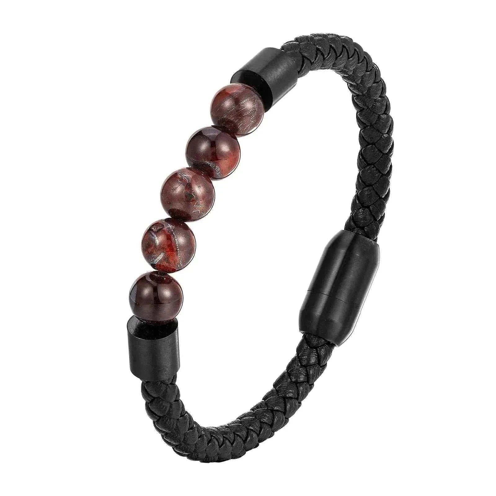 Elegant Men Elegant Men's volcanic rock Luxury Stainless Steel Hand-Woven Leathr Rope Tiger eye stone Bracelet