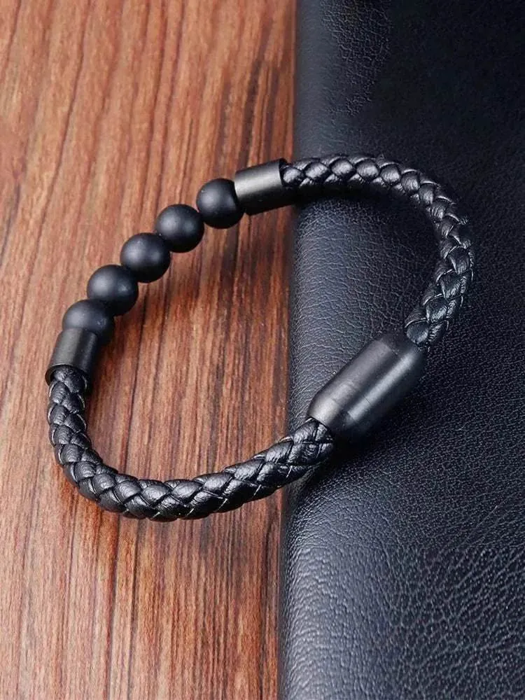 Elegant Men Elegant Men's volcanic rock Luxury Stainless Steel Hand-Woven Leathr Rope Tiger eye stone Bracelet