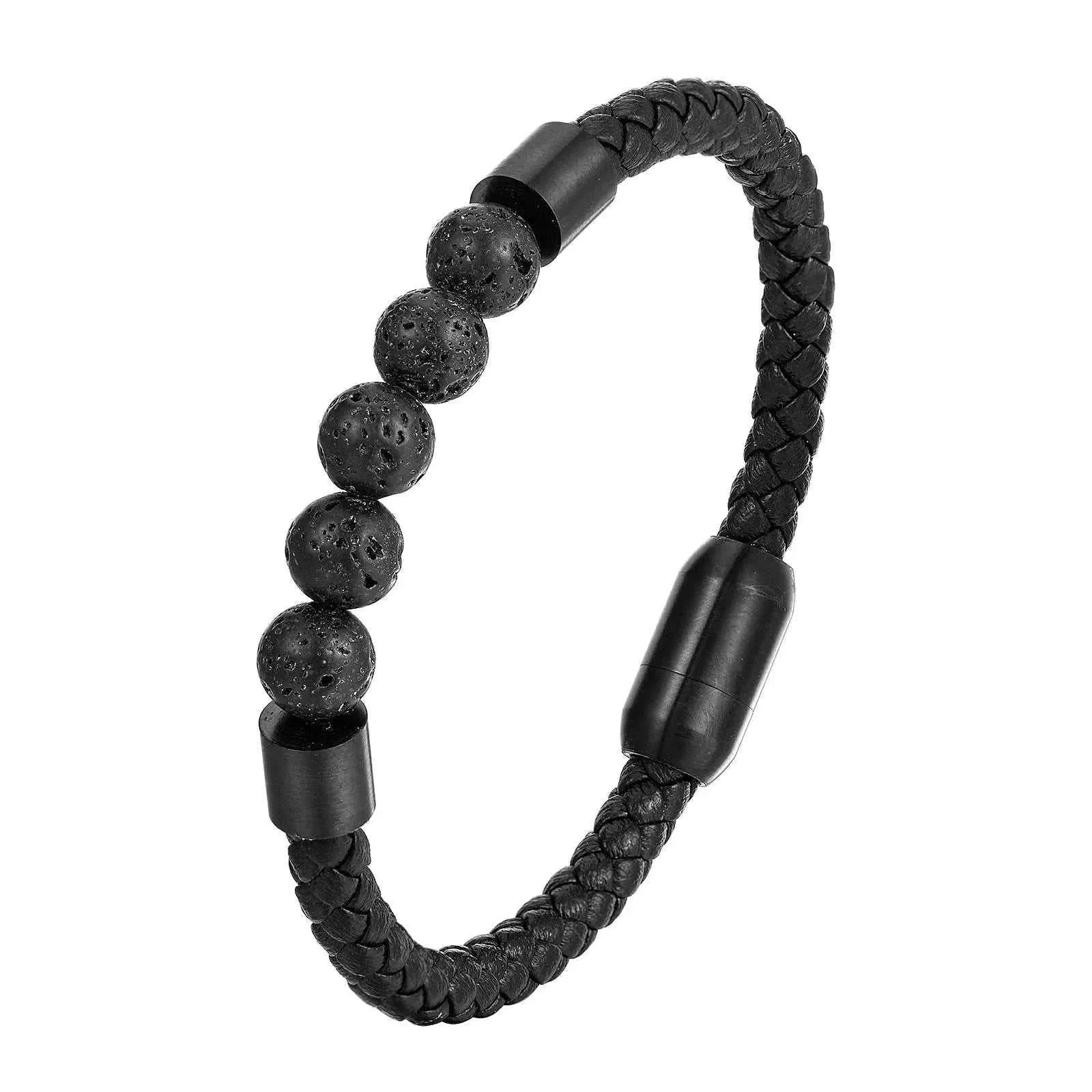 Elegant Men Elegant Men's volcanic rock Luxury Stainless Steel Hand-Woven Leathr Rope Tiger eye stone Bracelet