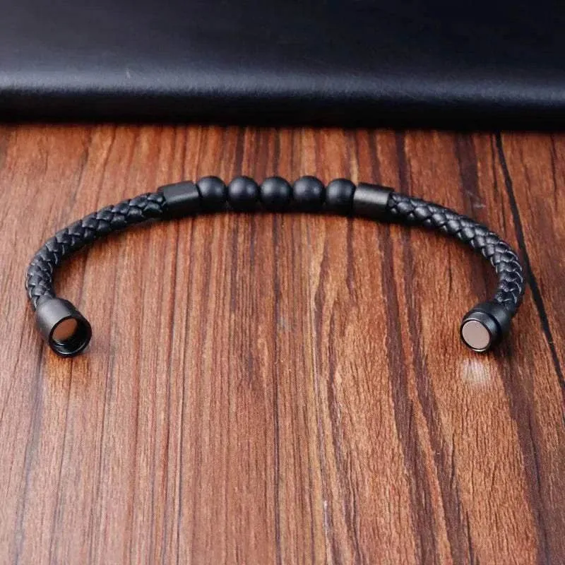 Elegant Men Elegant Men's volcanic rock Luxury Stainless Steel Hand-Woven Leathr Rope Tiger eye stone Bracelet