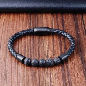 Elegant Men Elegant Men's volcanic rock Luxury Stainless Steel Hand-Woven Leathr Rope Tiger eye stone Bracelet