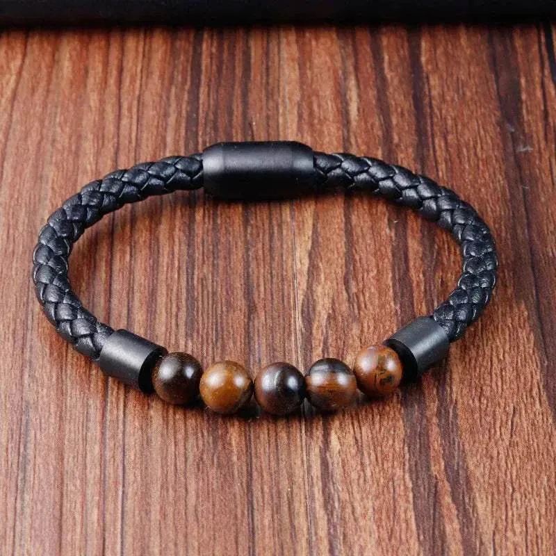 Elegant Men Elegant Men's volcanic rock Luxury Stainless Steel Hand-Woven Leathr Rope Tiger eye stone Bracelet