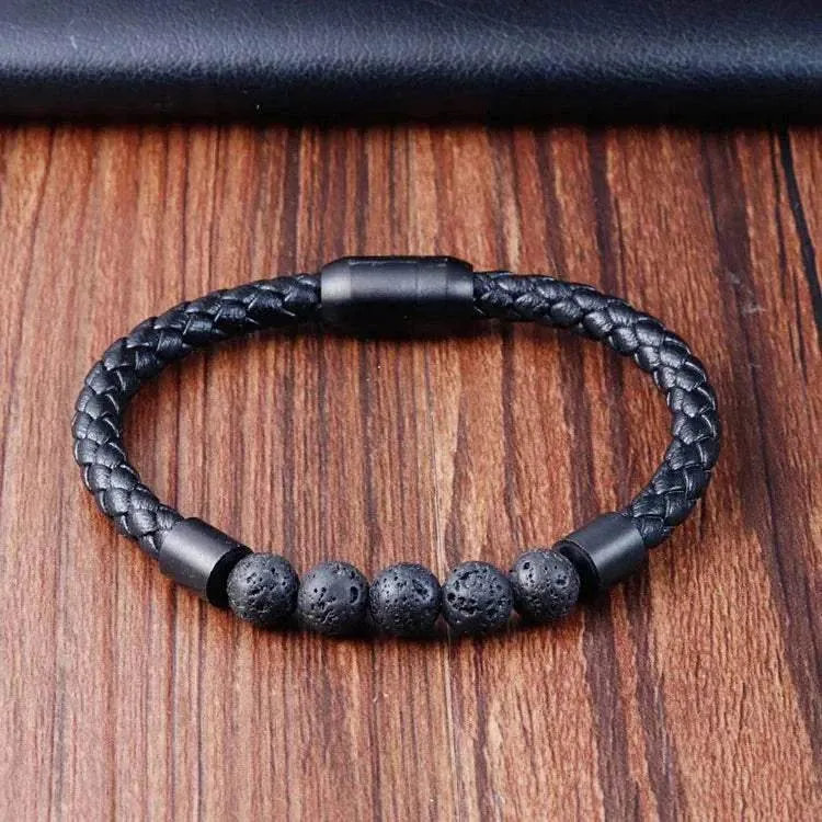 Elegant Men Elegant Men's volcanic rock Luxury Stainless Steel Hand-Woven Leathr Rope Tiger eye stone Bracelet