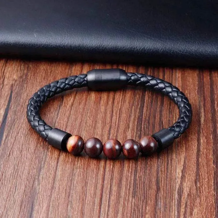Elegant Men Elegant Men's volcanic rock Luxury Stainless Steel Hand-Woven Leathr Rope Tiger eye stone Bracelet