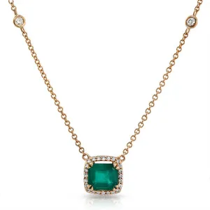 Emerald Gemstone Set in Halo Design Setting with 0.29 Round Cut Diamonds Necklace, 14k Rose Gold