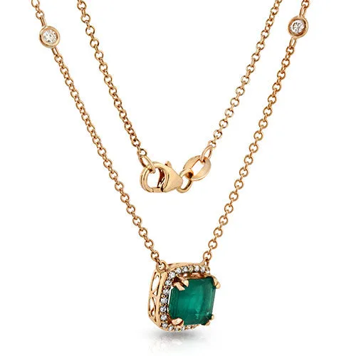 Emerald Gemstone Set in Halo Design Setting with 0.29 Round Cut Diamonds Necklace, 14k Rose Gold
