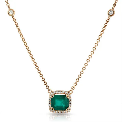 Emerald Gemstone Set in Halo Design Setting with 0.29 Round Cut Diamonds Necklace, 14k Rose Gold