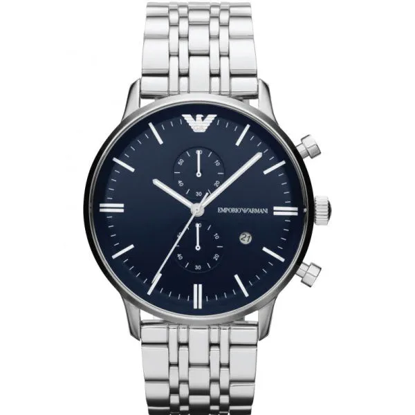 Emporio Armani Gianni T-Bar Silver Stainless Steel Dark Blue Dial Chronograph Quartz Watch for Gents - AR1648