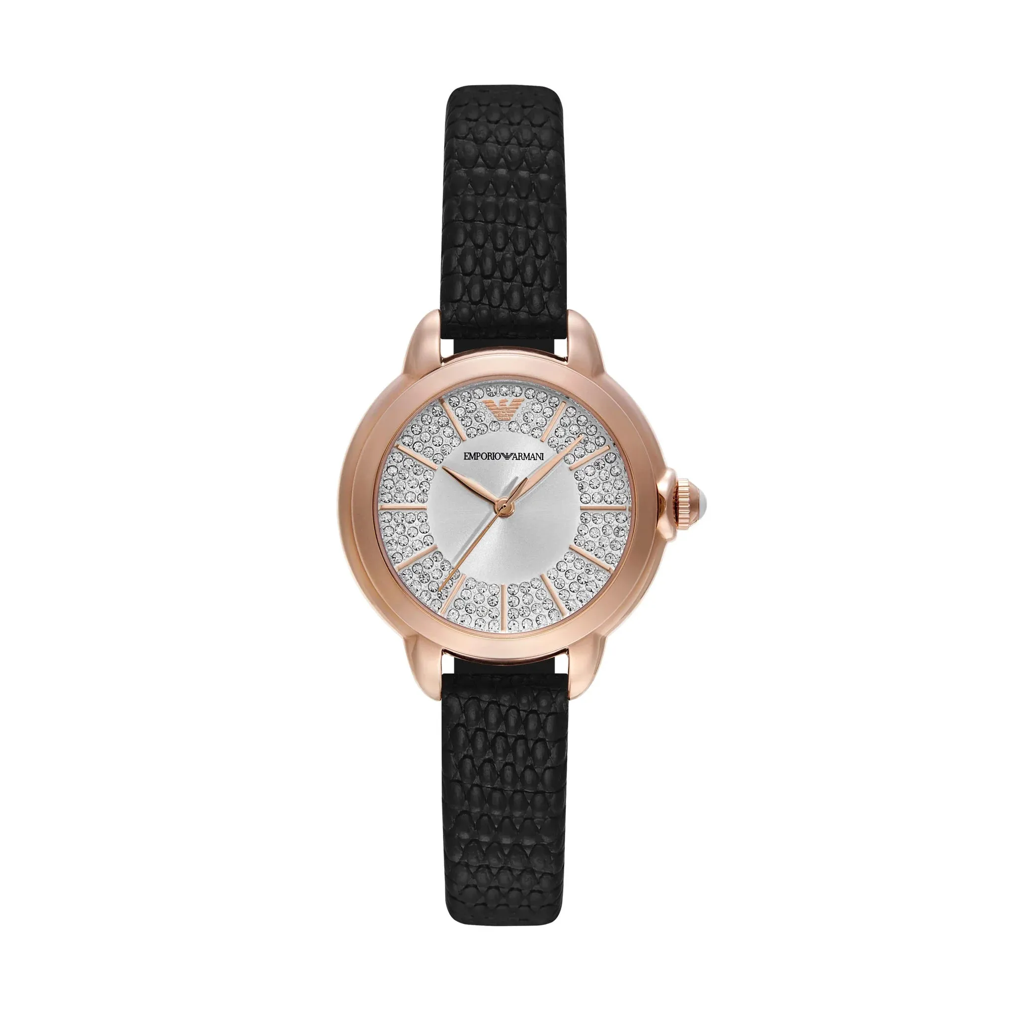Emporio Armani Ladies Silver  Dial  Black Leather Strap Watch