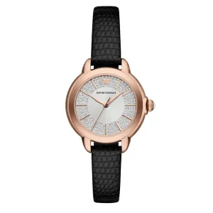 Emporio Armani Ladies Silver  Dial  Black Leather Strap Watch