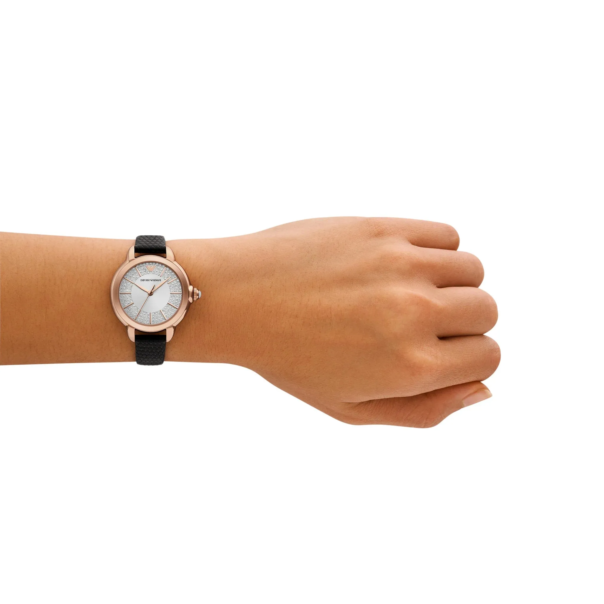 Emporio Armani Ladies Silver  Dial  Black Leather Strap Watch