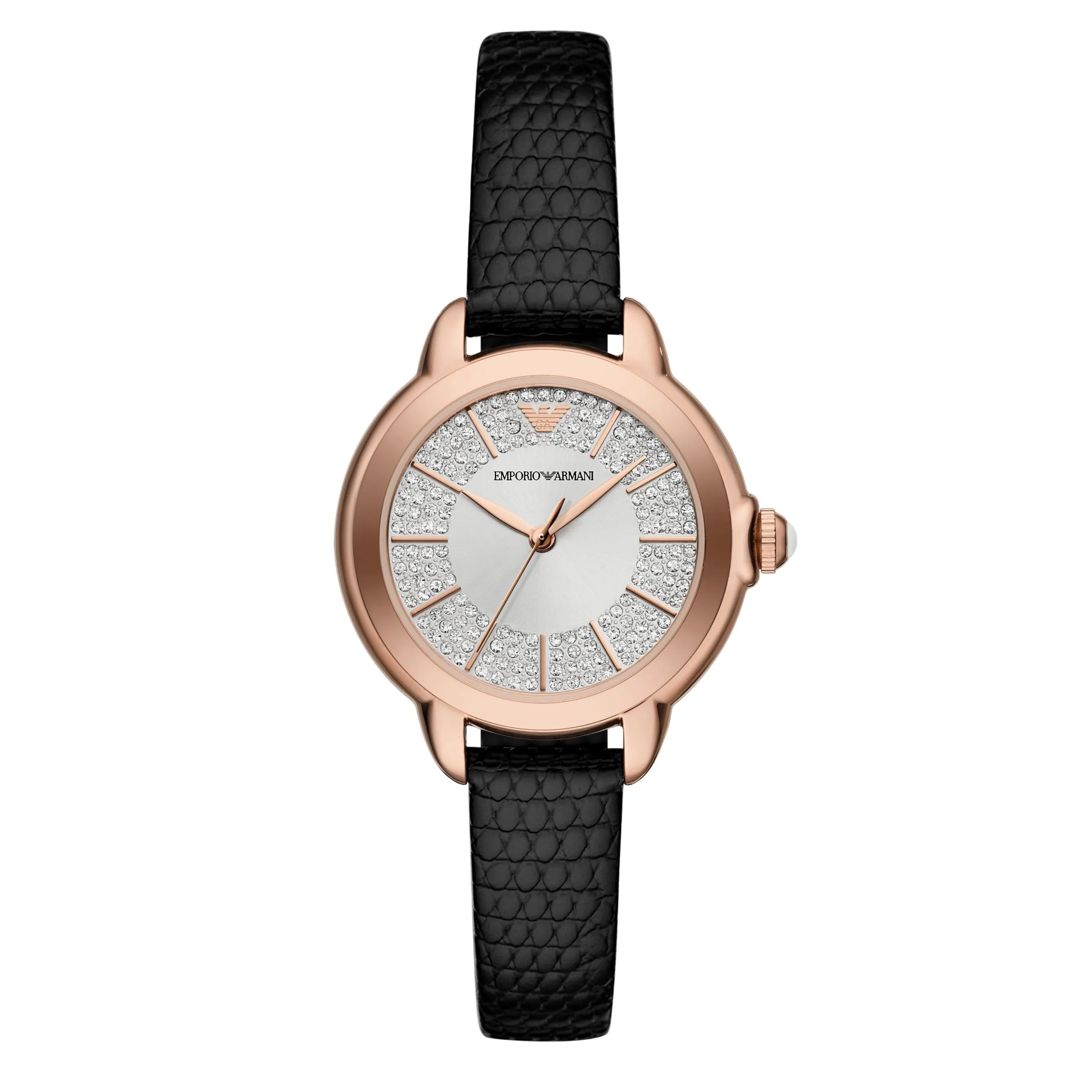 Emporio Armani Ladies Silver  Dial  Black Leather Strap Watch