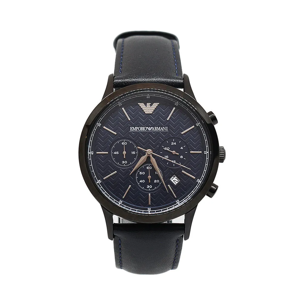 Emporio Armani Men's Watch Chronograph Full Stainless Steel Case With Black Plated / Dark Blue Dial