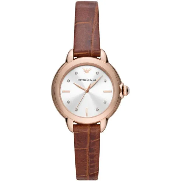 Emporio Armani Mia Brown Leather Strap Silver Dial Quartz Watch for Ladies - AR11525