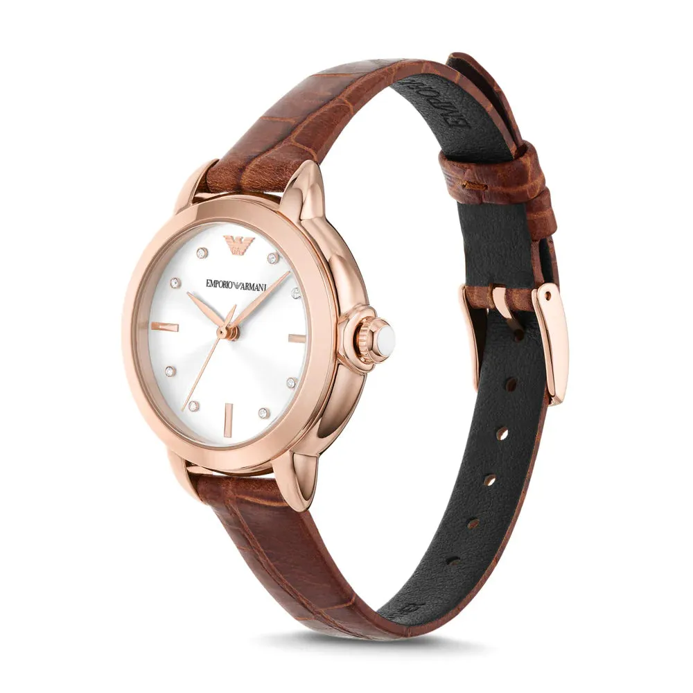 Emporio Armani Women's Three-Hand Brown Leather Starp Watch