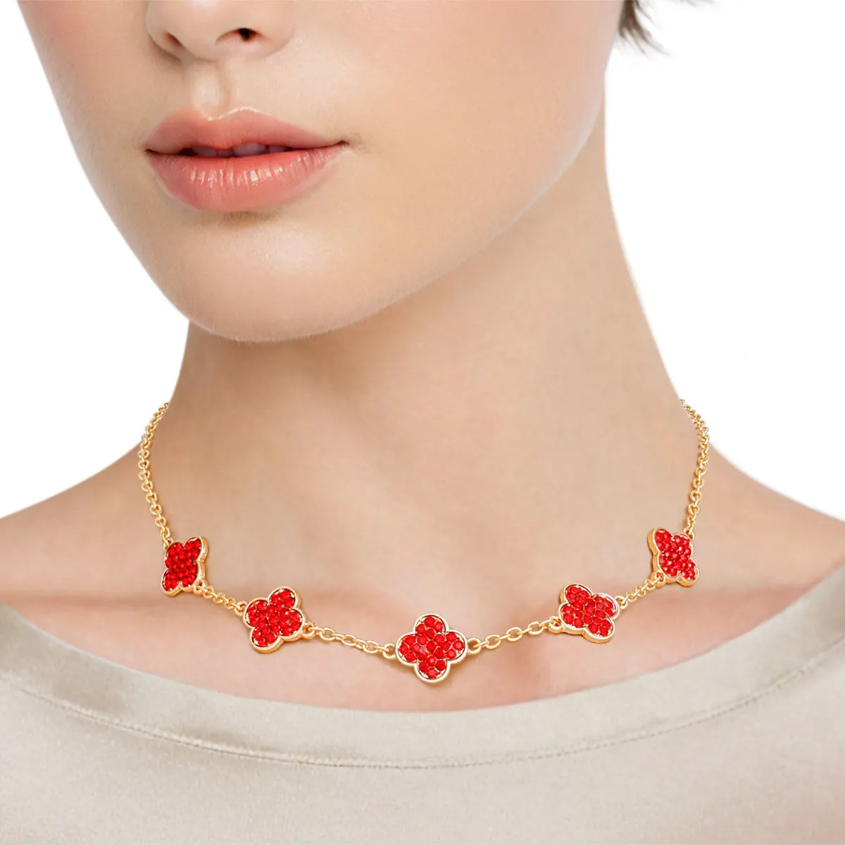 Eternal Bloom: Ruby Radiance Gold Statement Quatrefoil Necklace