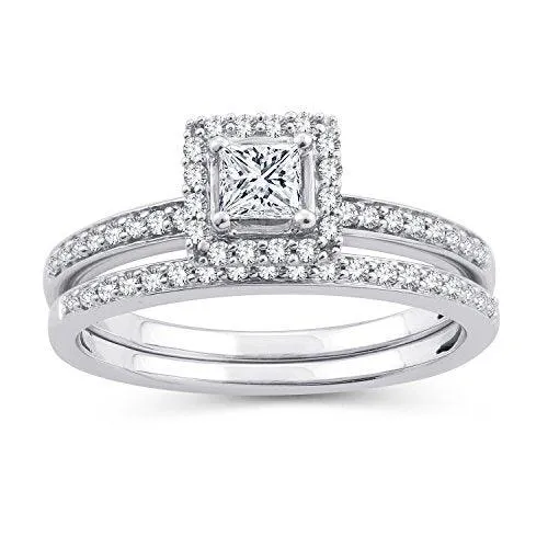 EternalDia 1/2 CT. T.W. Princess-Cut Diamond Halo Framed Bridal Set in 10K White Gold (IJ/I2-I3) (6)