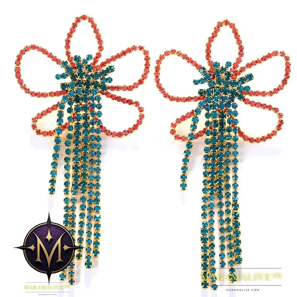 Exaggerated Colorful Flower Earrings Fashion Long Tassel Drop Earring for Festival Drag Queen Jewelry