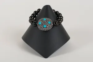 Faceted Black Onyx with Rock Crystal and Turquoise Bead
