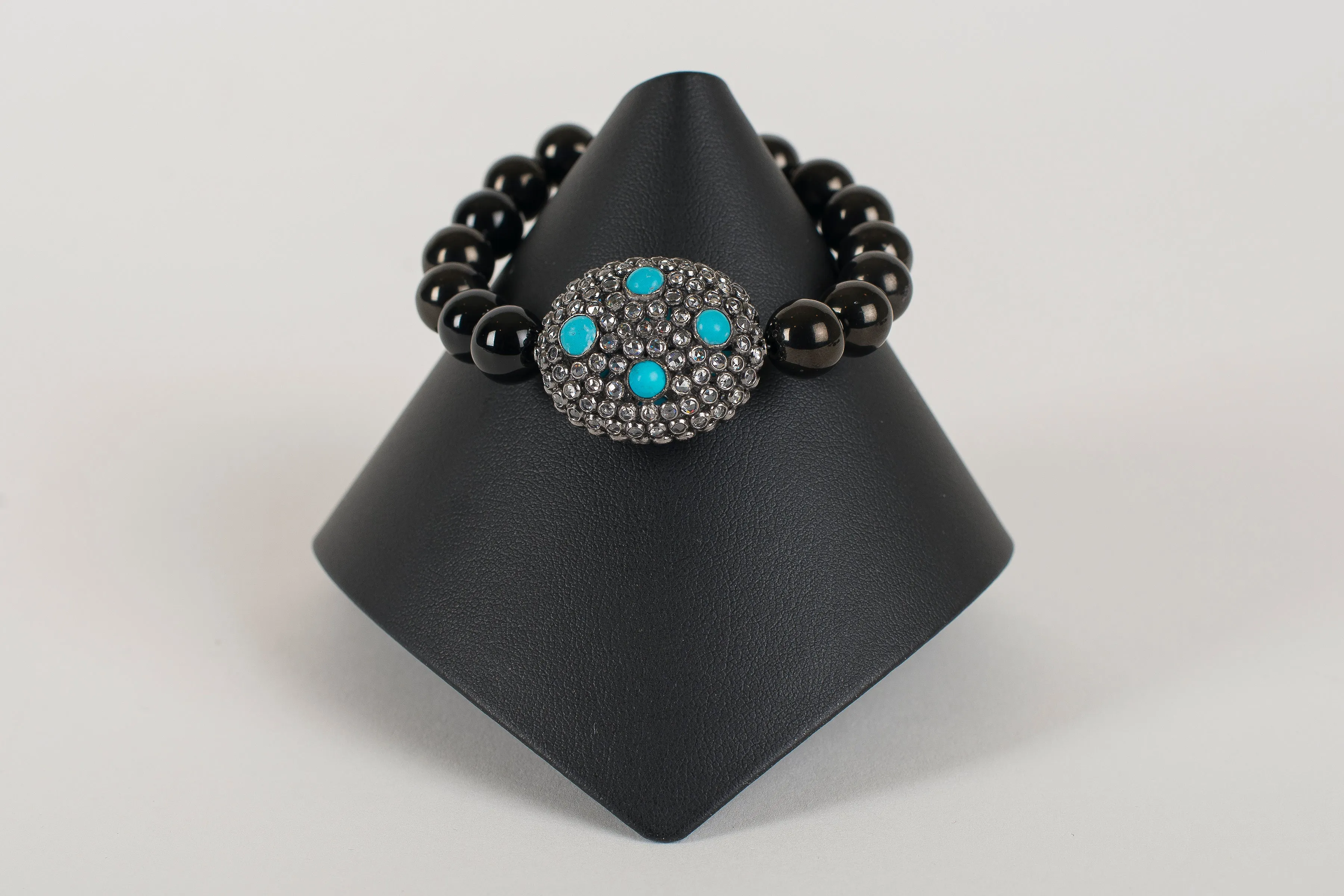 Faceted Black Onyx with Rock Crystal and Turquoise Bead