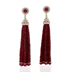 Faceted Ruby Beads Tassel Earrings In 18K Rose Gold Diamond Jewelry Gift