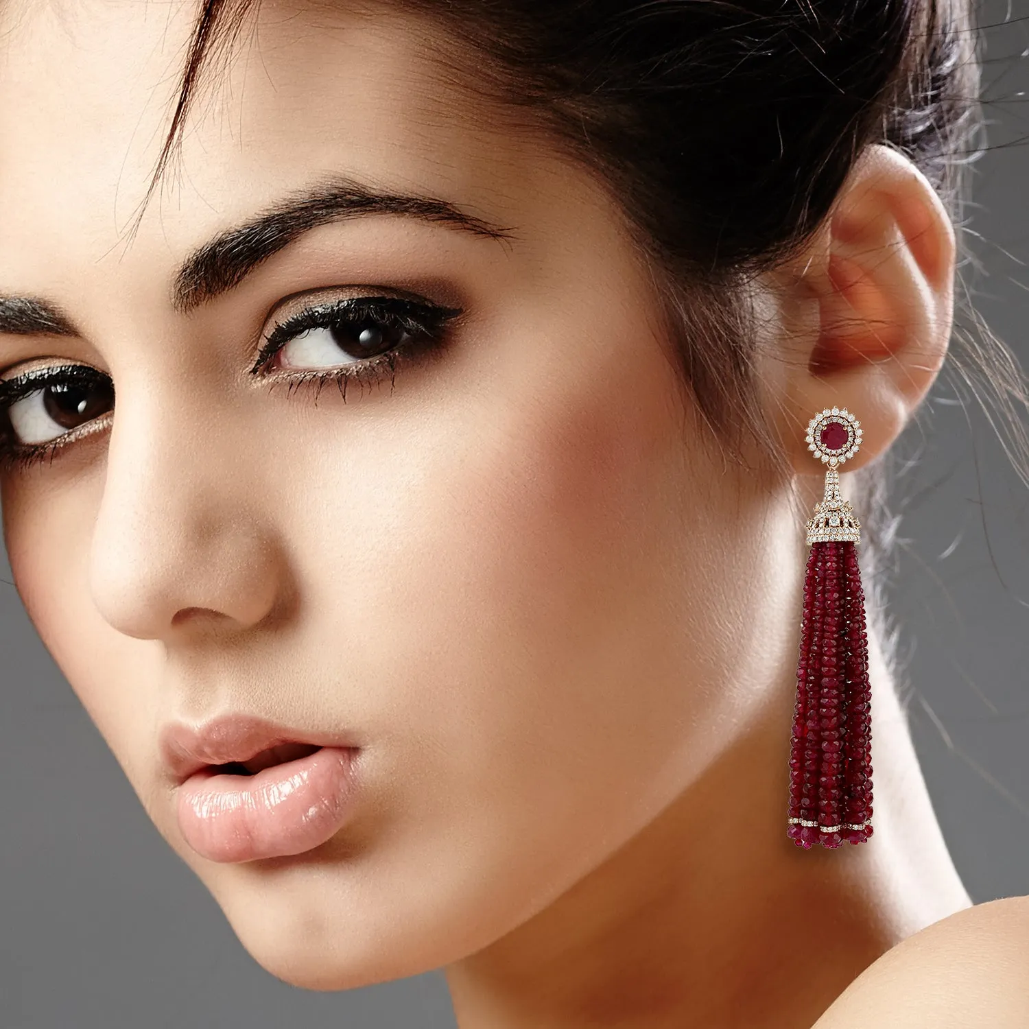 Faceted Ruby Beads Tassel Earrings In 18K Rose Gold Diamond Jewelry Gift