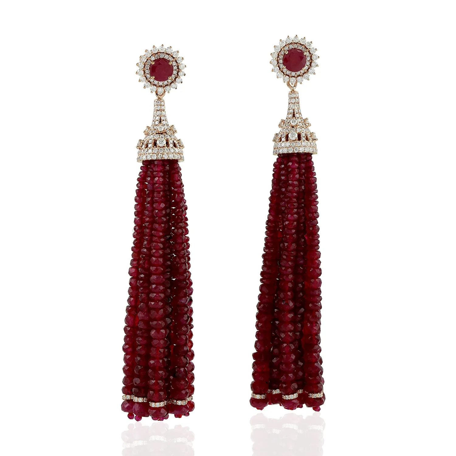 Faceted Ruby Beads Tassel Earrings In 18K Rose Gold Diamond Jewelry Gift