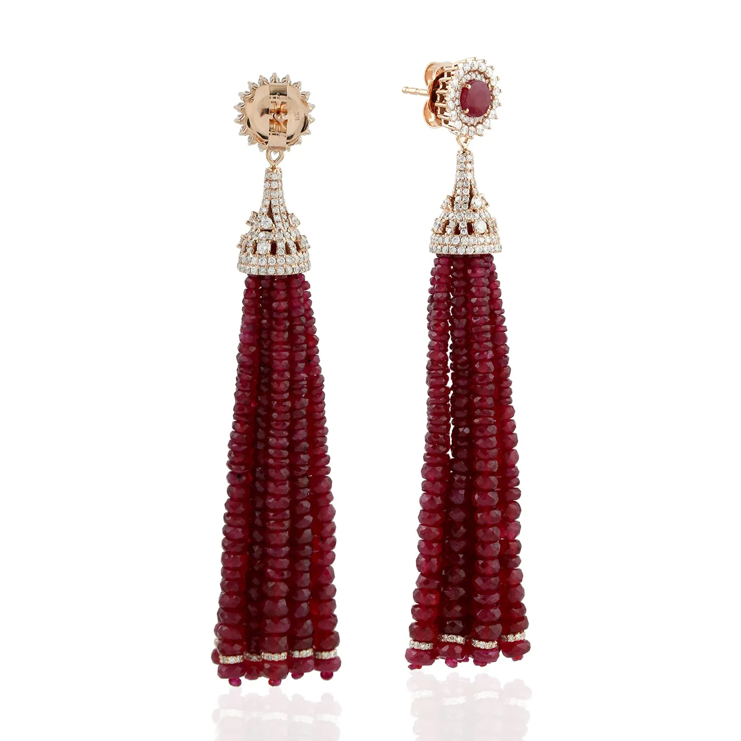 Faceted Ruby Beads Tassel Earrings In 18K Rose Gold Diamond Jewelry Gift
