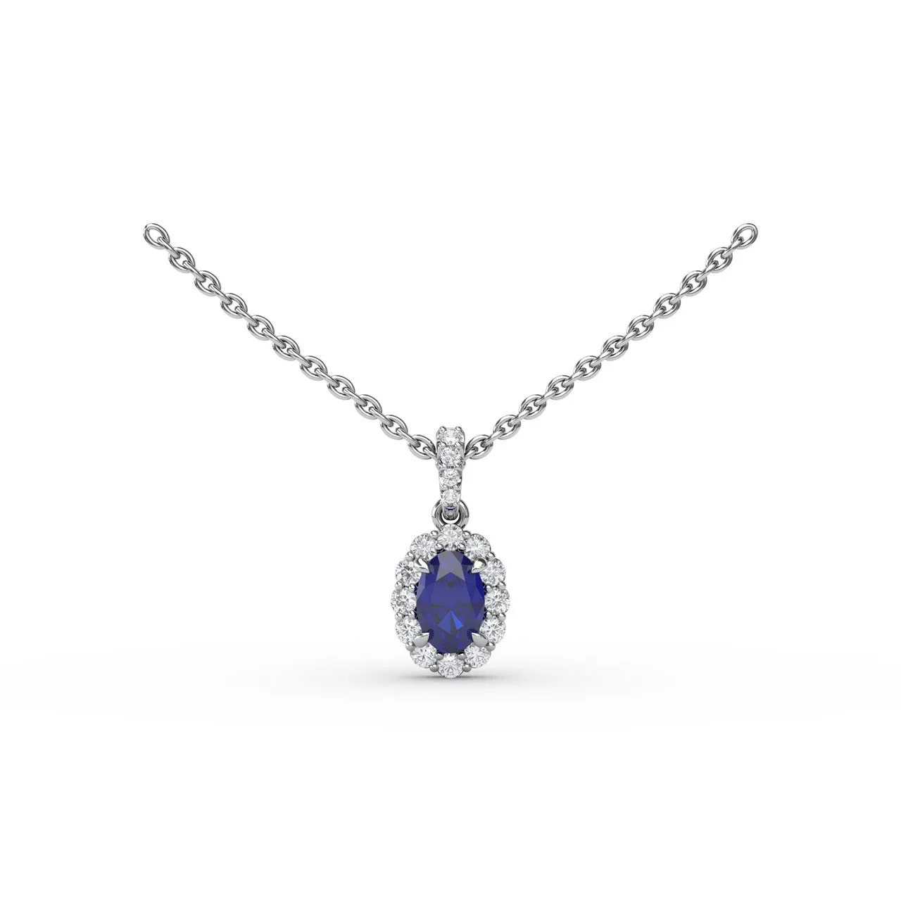 Fana 14k White Gold Sapphire and Diamond Halo Necklace