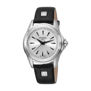 Ferre Milano Ladies Watch Stainless Steel Case & Black Leather Strap With Stone