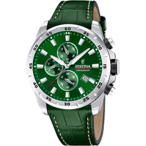 Festina Timeless Chronograph Gents Green Dial Green Leather Strap Watch