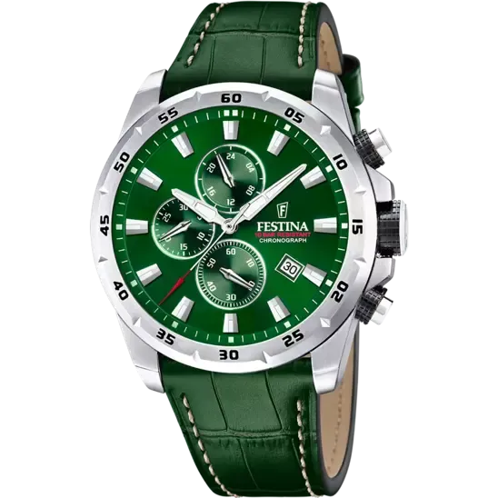 Festina Timeless Chronograph Gents Green Dial Green Leather Strap Watch