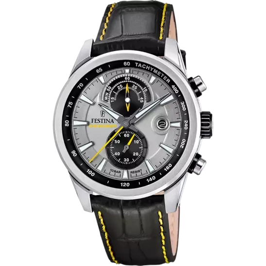 Festina Timeless Chronograph Gents Grey Dial Black Leather Strap Watch