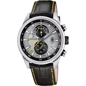 Festina Timeless Chronograph Gents Grey Dial Black Leather Strap Watch
