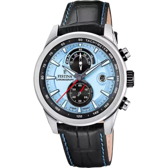 Festina Timeless Chronograph Gents Light Blue Dial Leather Watch